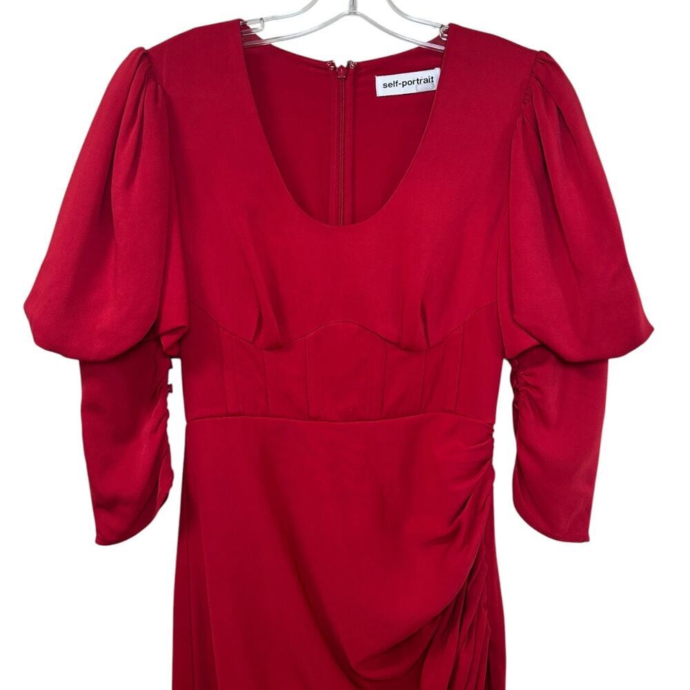 SELF-PORTRAIT, Crepe Midi Dress Puff Sleeve Side-Split Stretch Red SZ 0 US, 4 UK - Picture 5 of 14